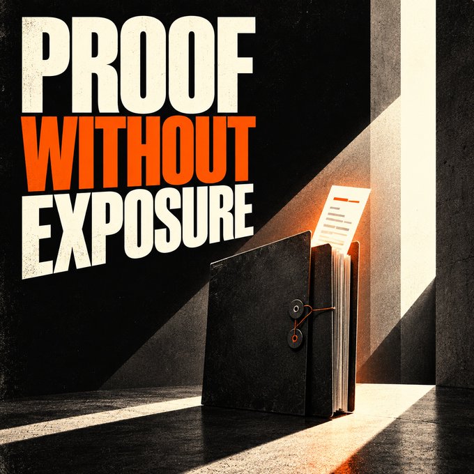 A graphic with the text 'PROOF WITHOUT EXPOSURE' next to an illustration of a black file folder with documents emerging from it, sitting in a beam of light.