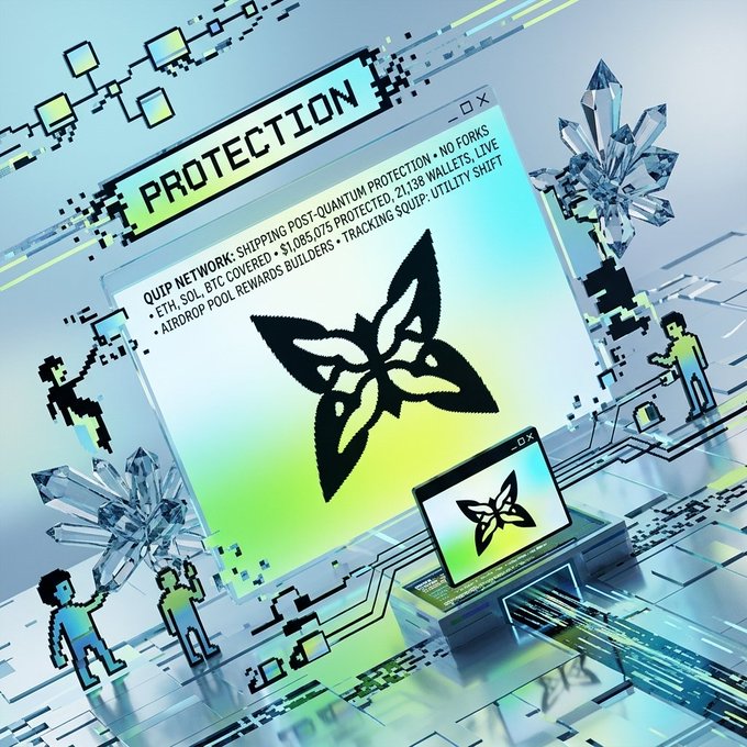 A digital/cyberpunk style graphic showing a window labeled 'PROTECTION' with text mentioning 'QUIP NETWORK: SHIPPING POST-QUANTUM PROTECTION' and listing ETH, SOL, BTC coverage with 21,138 wallets protected, featuring butterfly logos and crystal graphics.