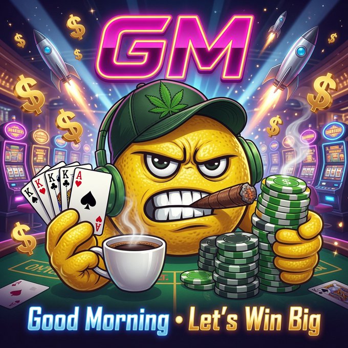 A vibrant cartoon illustration of a yellow character wearing a cannabis-leaf cap, smoking a cigar, holding four kings poker hand and a coffee cup, with stacks of green chips and 'GM - Good Morning • Let's Win Big' text in neon colors.