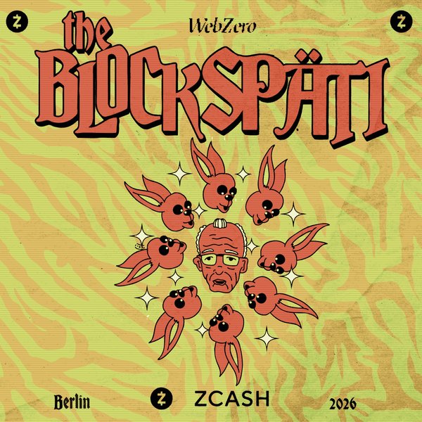 The image features a poster for an event called "The Blockspätze". It has a cartoon depiction of a man wearing glasses, surrounded by a group of red rabbits. The text on the poster reads "Three days to go. Blockspäti Berlin with Zcash 2016." This suggests that there is a countdown timer for the event and it is taking place in Berlin during the year 2016.
