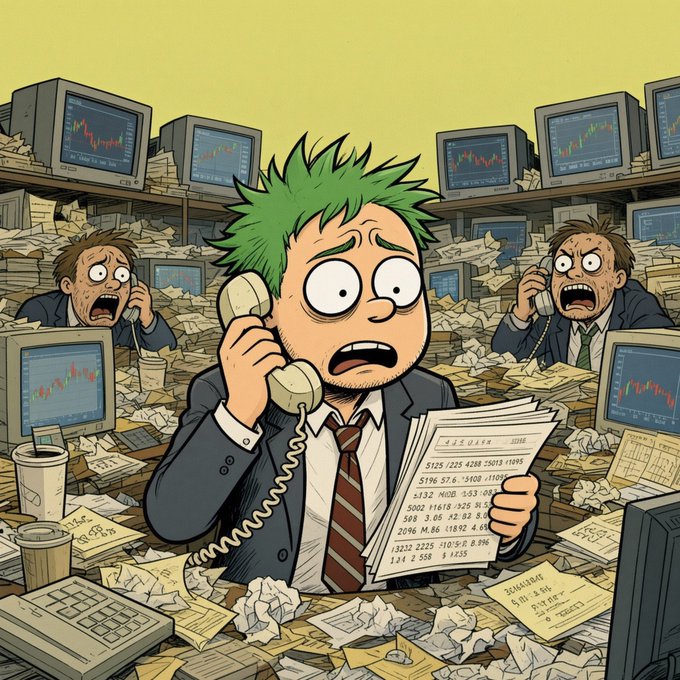 A cartoon illustration shows a panicked green-haired man in a suit holding a phone and papers with financial data, surrounded by other stressed traders and monitors displaying stock charts amid piles of papers.