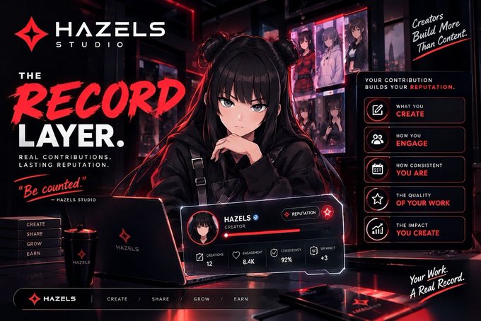 A promotional graphic for "HAZELS STUDIO" features a dark-haired anime-style girl in a black hoodie seated at a laptop, alongside the bold red headline "THE RECORD LAYER" and the tagline "Be counted." The right side displays creator metrics (Creations: 12, Engagement: 8.4K, Consistency: 92%, Impact: +3) under the message "Your Work. A Real Record." and "Creators Build More Than Content," visually reinforcing the post's message about giving creators a lasting, measurable record of their contributions beyond fleeting posts.