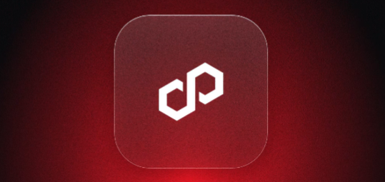 A dark red square icon with a white geometric logo resembling the Polygon (MATIC) cryptocurrency symbol.