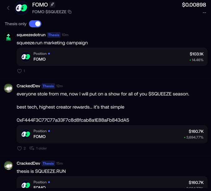 A crypto trading interface showing FOMO token at $0.00898 with posts about $SQUEEZE marketing campaigns and massive price increases of 3,694.77%.