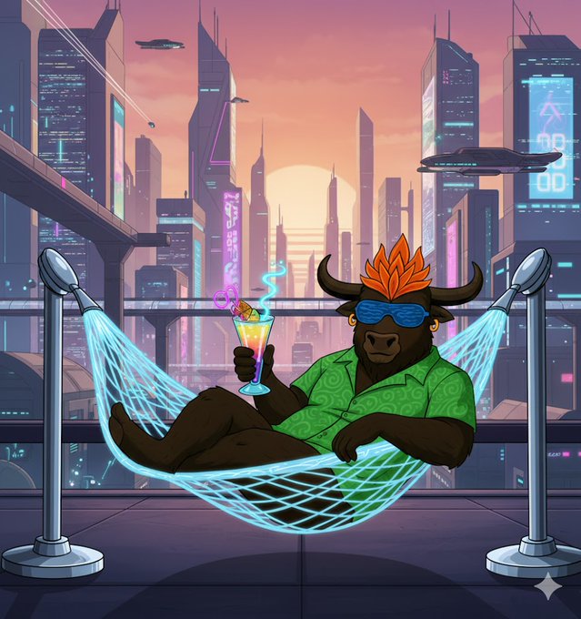 A digital illustration depicts an anthropomorphic bull wearing a green Hawaiian shirt and blue visor sunglasses, lounging in a glowing blue hammock on a futuristic city rooftop while holding a neon cocktail.
