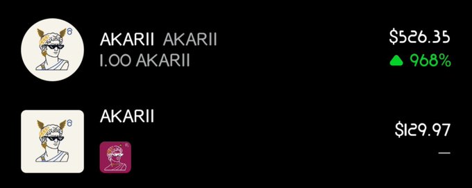A cryptocurrency listing showing AKARII token priced at $526.35 with a 968% green gain, alongside another AKARII entry at $129.97, both featuring a cartoon character wearing sunglasses.