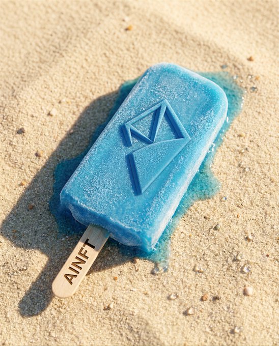 A blue popsicle melting on sand features the Ethereum logo embossed on it and a wooden stick labeled 'AINFT'.