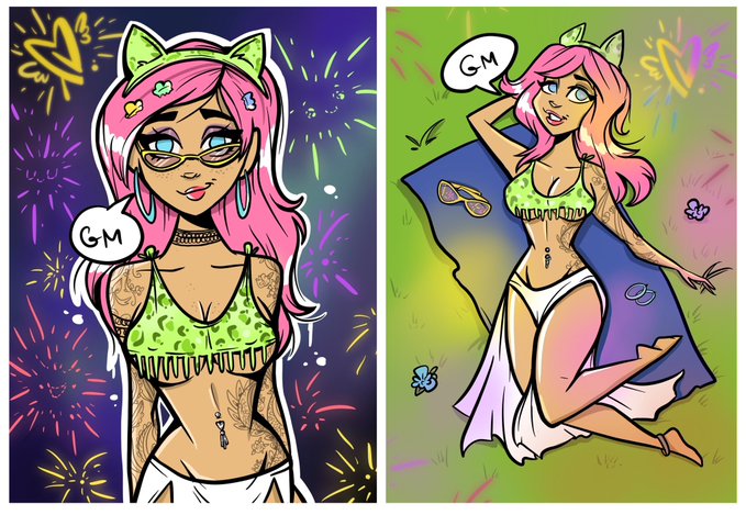 Two illustrations of a pink-haired anime-style girl with glasses and a green top saying 'GM' (good morning), set against a fireworks background and a green field with a blanket.