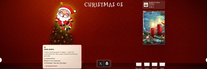A 'Christmas OS' desktop screen featuring Santa Claus by a Christmas tree, a letter to Santa, and holiday-themed wallpaper options.
