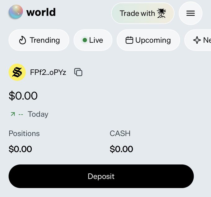 A trading dashboard showing an account labeled "FPf2..oPYz" with a balance of $0.00, zero positions, and zero cash, with a "Deposit" button at the bottom—illustrating the user's frustration that their $5 deposit is nowhere to be found despite a recent transaction.