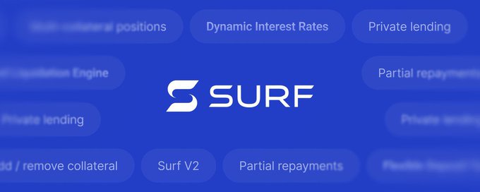 A blue promotional graphic featuring the white "SURF" logo surrounded by semi-transparent bubbles containing text such as "Dynamic Interest Rates," "Private lending," "Partial repayments," "Acquisition Engine," and "Surf V2."