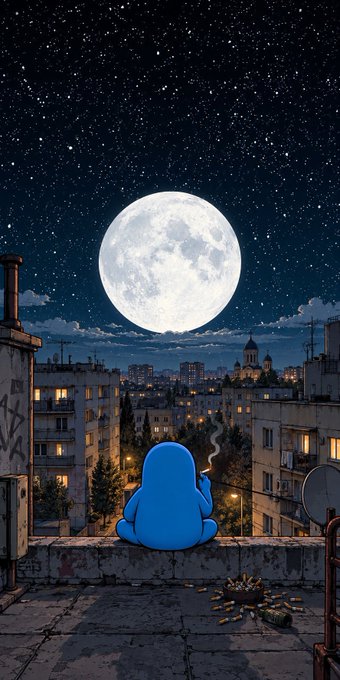 An animated illustration of a small blue creature sitting on a rooftop ledge smoking, gazing up at a large full moon over a dimly lit cityscape at night.