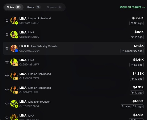 The image displays a list of cryptocurrency tokens, predominantly "LINA" tokens, with the top entry showing "LINA on Robinhood" with contract address 0x5102a7...C5D1 matching the official contract address referenced in the post, confirming it as the legitimate token among multiple lookalike "LINA" and "BYTER" entries with varying market caps and contract addresses.