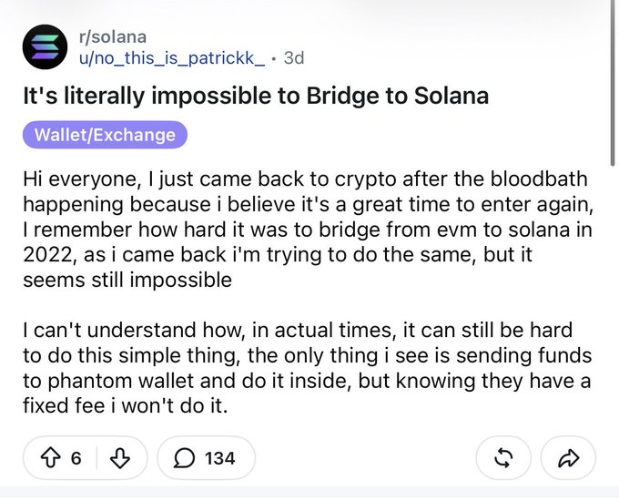A Reddit post from r/solana by u/no_this_is_patrickk_ titled "It's literally impossible to Bridge to Solana" complains about the difficulty of bridging assets from EVM chains to Solana, mentioning frustration with Phantom wallet fees. The accompanying caption highlights Jupiter's Universal Deposits on jup.ag/deposit as a solution, allowing users to send assets from supported EVM chains and receive USDC directly on Solana, addressing the very issue the Reddit user is struggling with.