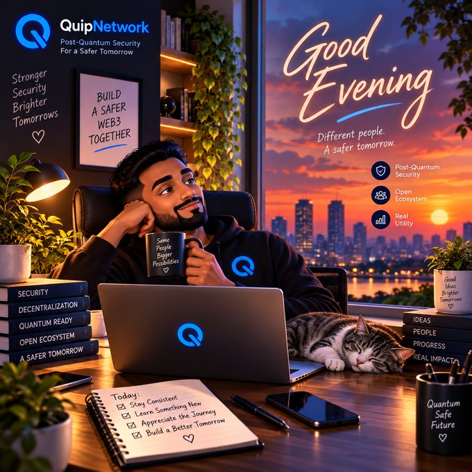 A promotional graphic for "QuipNetwork" featuring a man with a cat at a desk, with text including "Good Evening", "BUILD A SAFER WEB3 TOGETHER", and "Post-Quantum Security For a Safer Tomorrow".