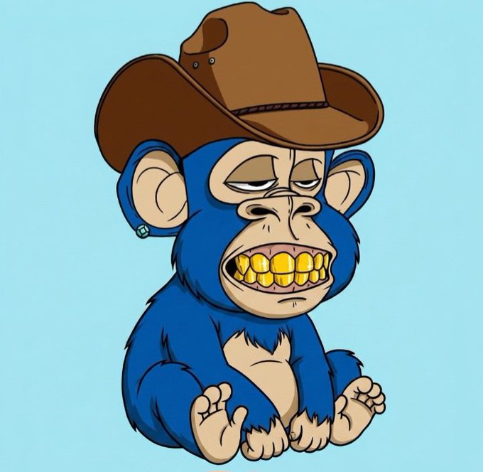 A digital illustration of a blue Bored Ape-style monkey wearing a brown cowboy hat with gold teeth, set against a light blue background.