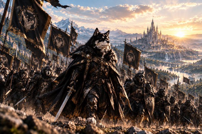 A fantasy artwork depicting a husky-headed warrior in dark armor leading an army with dog-themed banners toward a majestic castle at sunset.