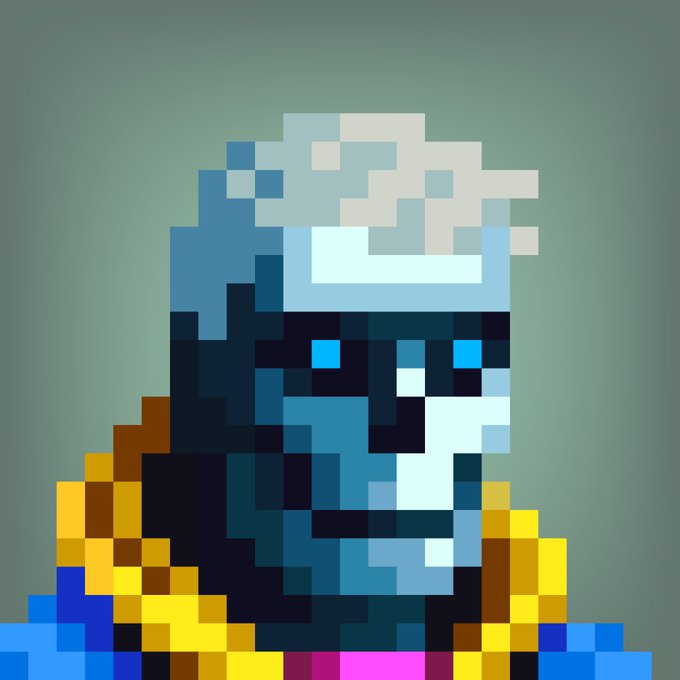 A pixel-art portrait of a blue-skinned undead figure with white hair and a glowing blue eye, wearing a yellow cloak. The image visually represents the "Genuine Undead" NFT collection, complementing the post's message about rare longevity in web3.