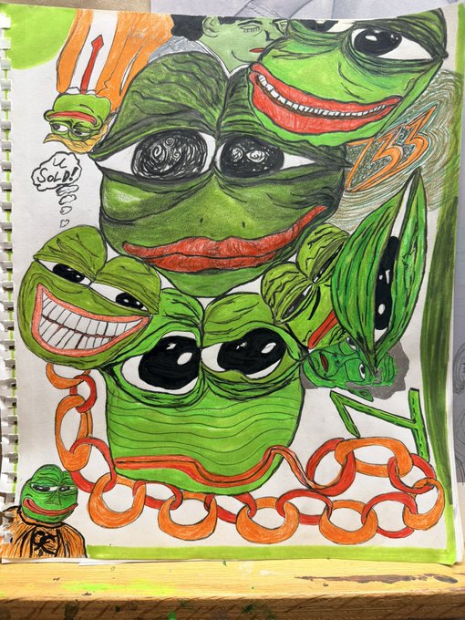 A hand-drawn sketchbook page filled with multiple drawings of Pepe the Frog in various expressions, with one wearing a chef's hat, accompanied by orange chain links and the word 'Soup!' in a thought bubble.