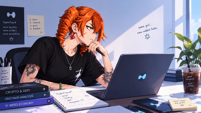 An anime-style digital illustration depicts a red-haired girl with tattoos working on a laptop displaying a 'hyperliquid' logo, surrounded by books labeled 'CRYPTO & DEFI', 'ONCHAIN ANALYSIS', and 'WEB3 ECONOMY'.