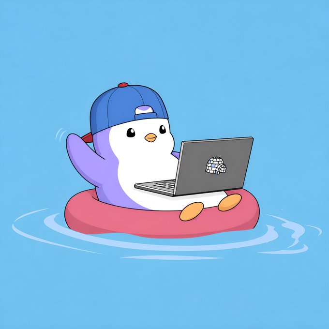 A cute cartoon penguin wearing a blue cap sits in a pink inner tube on blue water, typing on a laptop that displays a globe-like logo, fitting the relaxed Sunday "gm legends" vibe of the post.