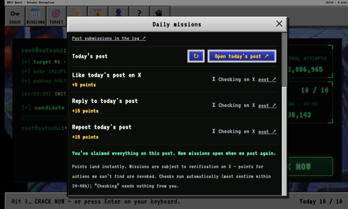 A terminal-style 'Daily missions' window from N0tC Quest displays completed tasks for liking, replying to, and reposting a post on X, awarding +5, +15, and +15 points respectively, alongside 'Past submissions in the log' on the left.