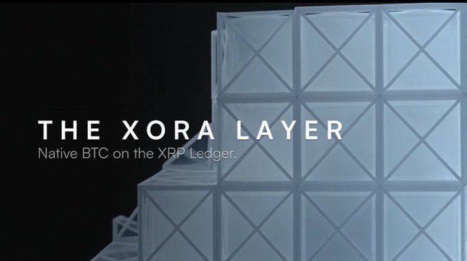 The image displays a promotional banner for "THE XORA LAYER" with the tagline "Native BTC on the XRP Ledger," set against a background of geometric glass-like cubes in muted blue tones. The text connects directly to the post by highlighting XORA's innovative approach of bringing native Bitcoin utility to the XRP Ledger through its neobank model offering up to 14% variable APR on idle BTC assets.