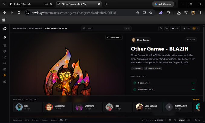 The image shows an OWSKI marketplace page for the "Other Games - BLAZIN" badge, a collaborative event between Other Games 54 and Blaze Streaming platform scheduled for August 8, 2026, with 63 claimed out of 100 total. The post celebrating the event mint with @blaze_stream aligns with this listing, confirming the user successfully secured one of the limited "RINGOFFIRE" badge mints (code 427) available in this collaboration drop.