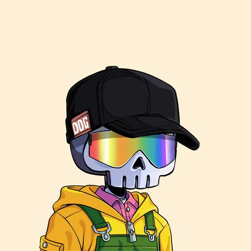 A cartoon character with a skull face wearing a black 'DOG' cap, rainbow reflective sunglasses, a yellow hoodie, and green overalls.