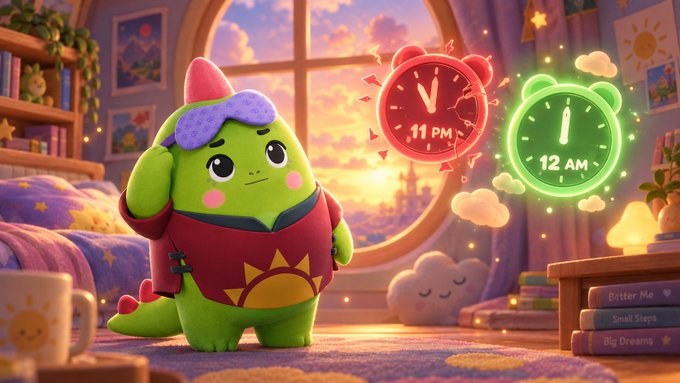 A cute green cartoon dragon-like character with pink cheeks in a cozy bedroom, with two clocks floating showing 11 PM and 12 AM, and books titled 'Better Me', 'Small Steps', and 'Big Dreams'.