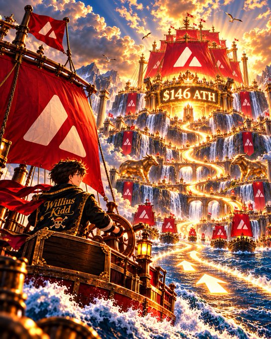 A fantasy illustration shows a pirate captain steering a ship toward a golden palace with waterfalls and red flags, featuring the text '$146 ATH' on the castle and 'Willius Kidd' embroidered on the captain's jacket.