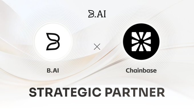 The image features a white logo for B.AI and a black logo for Chainbase. The text "B.AI @ Chainbase" suggests that these two companies are collaborating, possibly in the field of artificial intelligence or machine learning. The focus on both intelligence and connectivity implies that their partnership could involve developing intelligent agents that can effectively interact with various systems and networks to access valuable information and services.