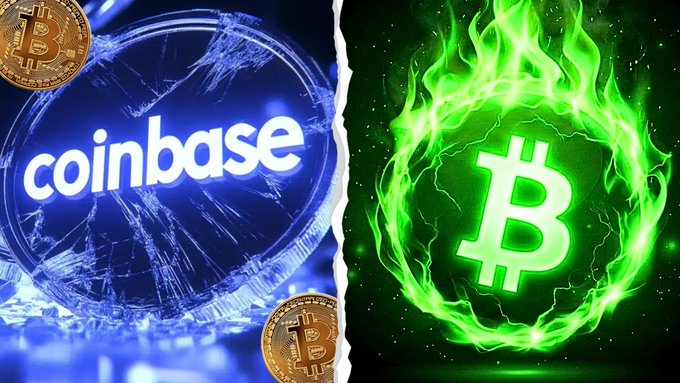 Split image showing the blue Coinbase logo on cracked glass on the left and a green Bitcoin 'B' symbol surrounded by flames on the right.