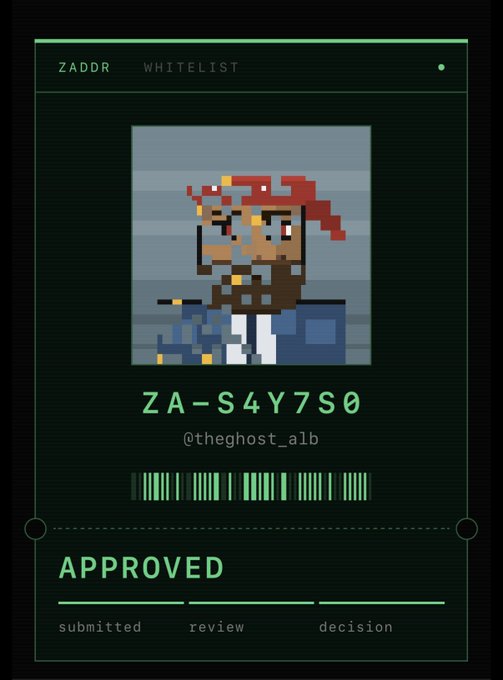 A dark-themed digital certificate or pass showing a pixel art character wearing a red bandana, with the text 'ZADDR WHITELIST', 'ZA-S4Y7S0', '@theghost_alb', a barcode, and 'APPROVED' status.