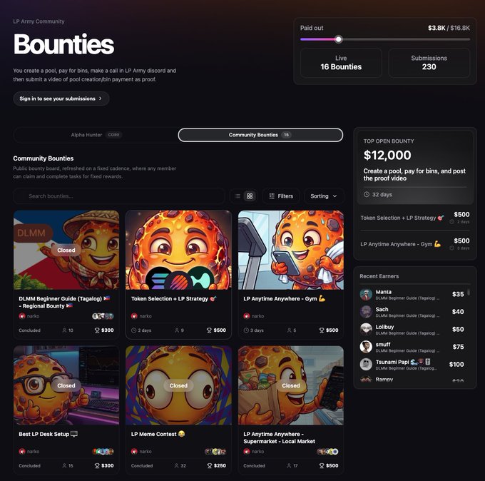 A dark-themed 'LP Army Community Bounties' dashboard displaying active community bounties with cartoon cookie mascots, showing a top open bounty of $12,000 and recent earners with payouts ranging from $35 to $100.
