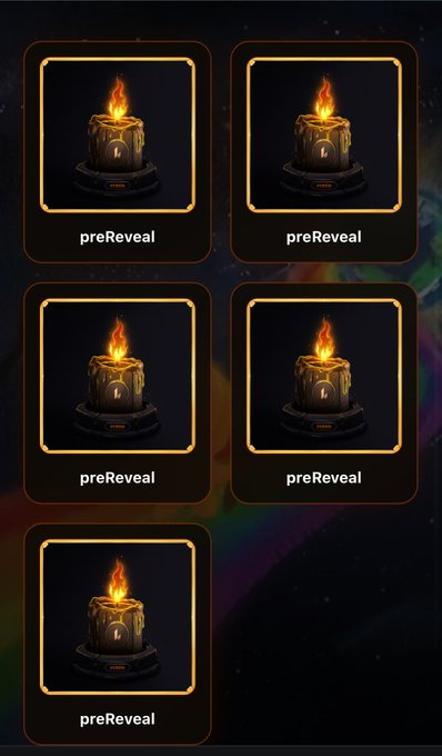 Five identical "preReveal" cards are displayed, each featuring an identical image of a burning candle on a pedestal. The repetition of the "preReveal" placeholder cards relates to the "Lighter Big Bang" NFT launch teased in the post, suggesting these are unrevealed NFT items awaiting their official debut.