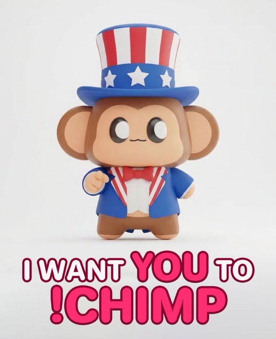 A cartoon monkey figurine dressed as Uncle Sam in a stars-and-stripes top hat and blue suit, with text reading 'I WANT YOU TO !CHIMP'.