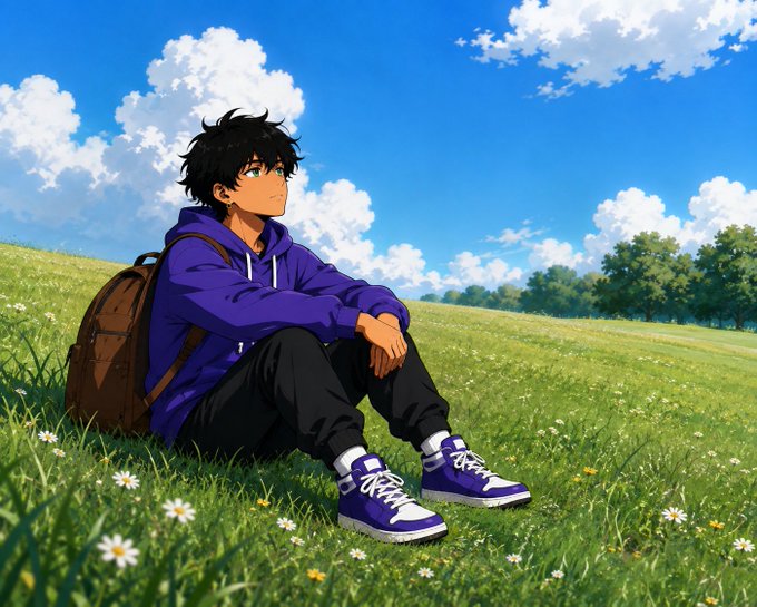 An anime-style illustration of a young man with messy black hair wearing a purple hoodie, black pants, and purple sneakers, sitting in a grassy field with daisies under a bright blue sky with fluffy clouds.
