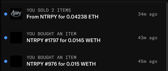 Screenshot of transaction notifications showing NTRPY NFT activity: sold 2 items for 0.04238 ETH, bought NTRPY #1797 for 0.0145 WETH, and bought NTRPY #976 for 0.015 WETH.