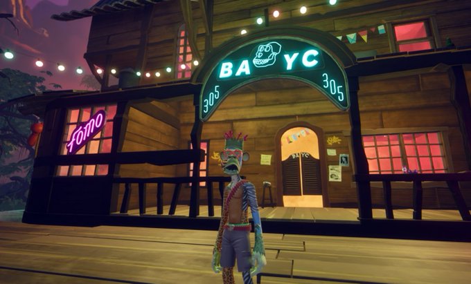 A video game screenshot of a character in a red cap standing outside a lit wooden building called 'BAYC' with the address '305' and a 'Fomo' neon sign in the window.