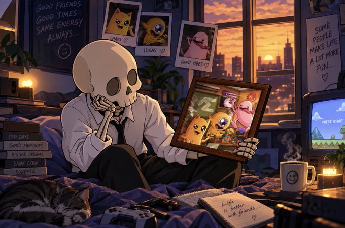 An anime-style illustration of a skeleton wearing a shirt and tie, sitting on a bed and holding a framed photo of Shiba Inu dogs, surrounded by nostalgic items like books, a cat, and candles.