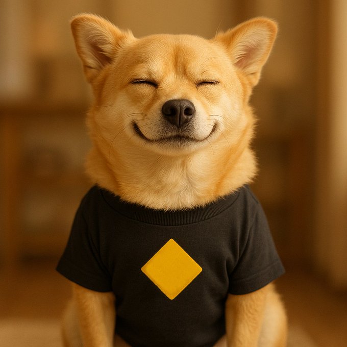 A golden Shiba Inu dog with closed eyes and a content smile wears a black T-shirt featuring a yellow diamond logo, visually embodying the post's message of staying calm and smiling through market ups and downs.
