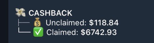 A dark blue cashback dashboard showing $118.84 unclaimed and $6742.93 claimed, with money bag and checkmark icons.