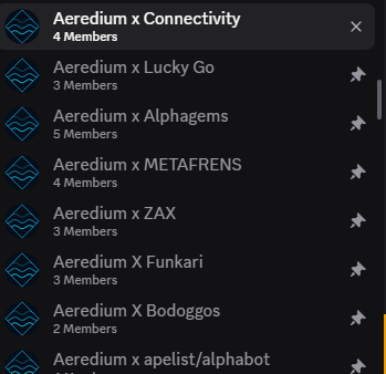 A dark-mode community list shows blue diamond icons and entries including “Aeredium x Connectivity” with “4 Members,” “Aeredium x Lucky Go,” “Aeredium x Alphagems,” “Aeredium x METAFRENS,” “Aeredium x ZAX,” “Aeredium X Funkari,” “Aeredium X Bodoggos,” and “Aeredium x apelist/alphabot.”