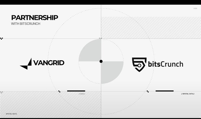 A minimalist partnership announcement graphic showing logos for VANGRID and bitsCrunch on a light background with 'PARTNERSHIP WITH BITSCRUNCH' text.