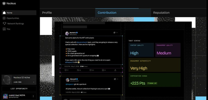 Screenshot of a web platform called Nuculus showing a 'Contribution' profile page with a tweet about NFT collaboration details, including content/engagement quality scores and a 'CONTRIBUTION SCORE' of +223 Pts.