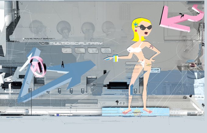 A digital collage artwork featuring a cartoonish blonde woman in a bikini and sunglasses, overlaid with technical drawings, text including '9B.MULTIDISCIPLINARY', and graffiti-style elements.