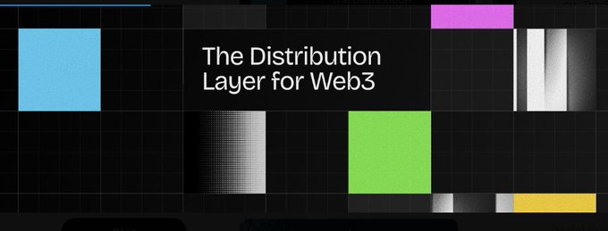A graphic banner with the text "The Distribution Layer for Web3" displayed in a central black box, surrounded by a black grid background with colored squares in cyan, magenta, green, and yellow.
