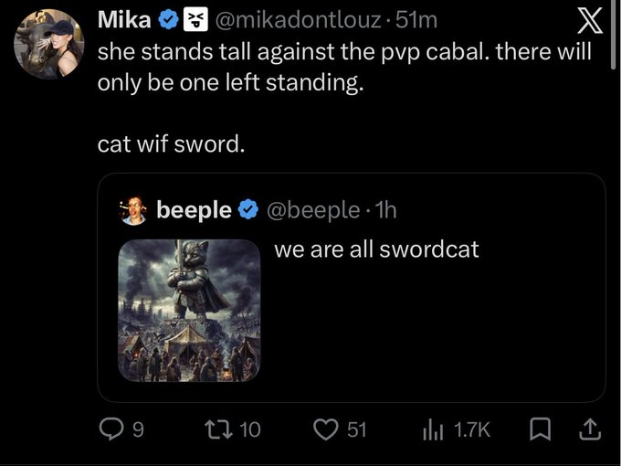 A screenshot of an X (formerly Twitter) post by user 'Mika' (@mikadontlouz) with the text 'she stands tall against the pvp cabal. there will only be one left standing.' quoting a post by 'beeple' that says 'we are all swordcat' alongside an image of a cat warrior.