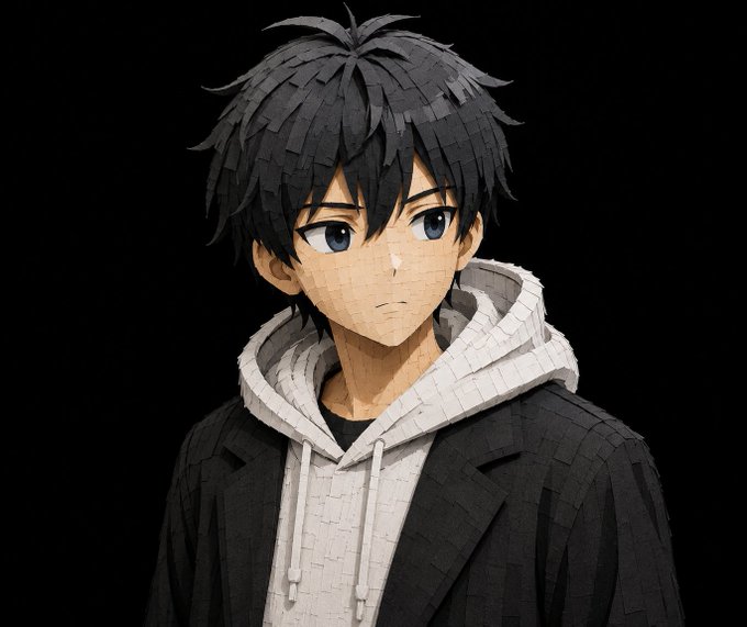 A 3D-rendered anime-style character with messy dark hair, blue eyes, and a neutral expression wears a black coat over a white hoodie against a black background.